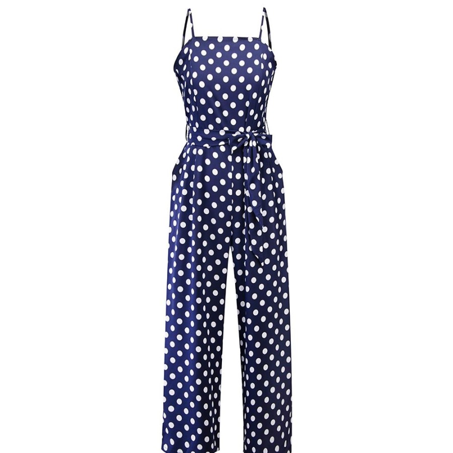 Women ericdress | Ericdress Polka Dots Belt Strap Wide-Leg Slim Jumpsuit Blue