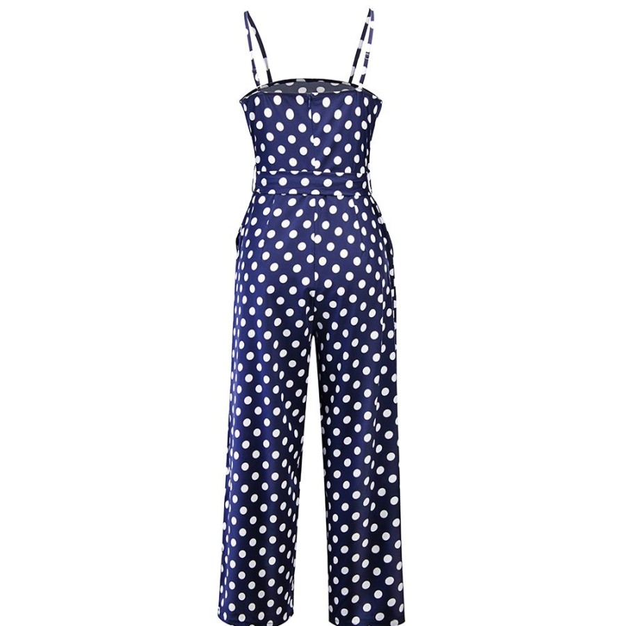 Women ericdress | Ericdress Polka Dots Belt Strap Wide-Leg Slim Jumpsuit Blue