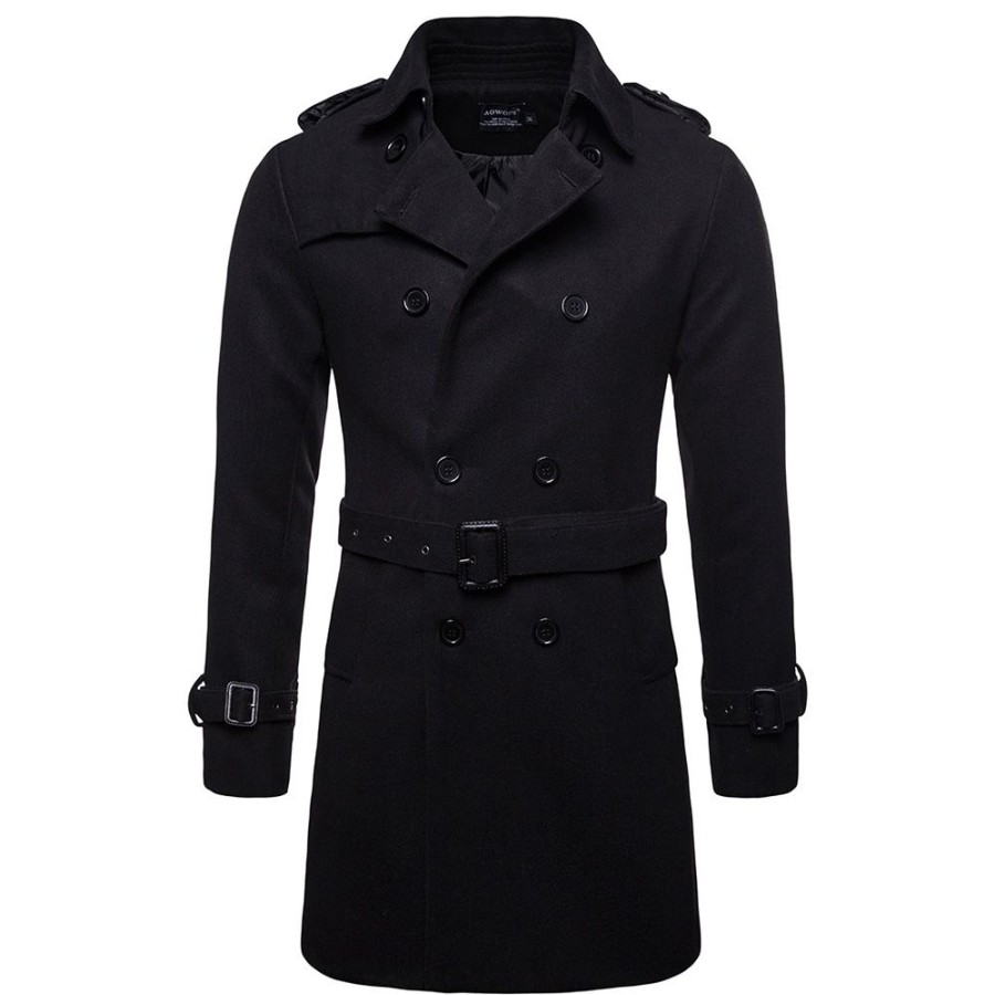 Men ericdress | Ericdress Plain Slim Mid-Length Mens Wool Pea Coat With Belt