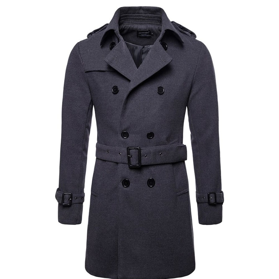 Men ericdress | Ericdress Plain Slim Mid-Length Mens Wool Pea Coat With Belt