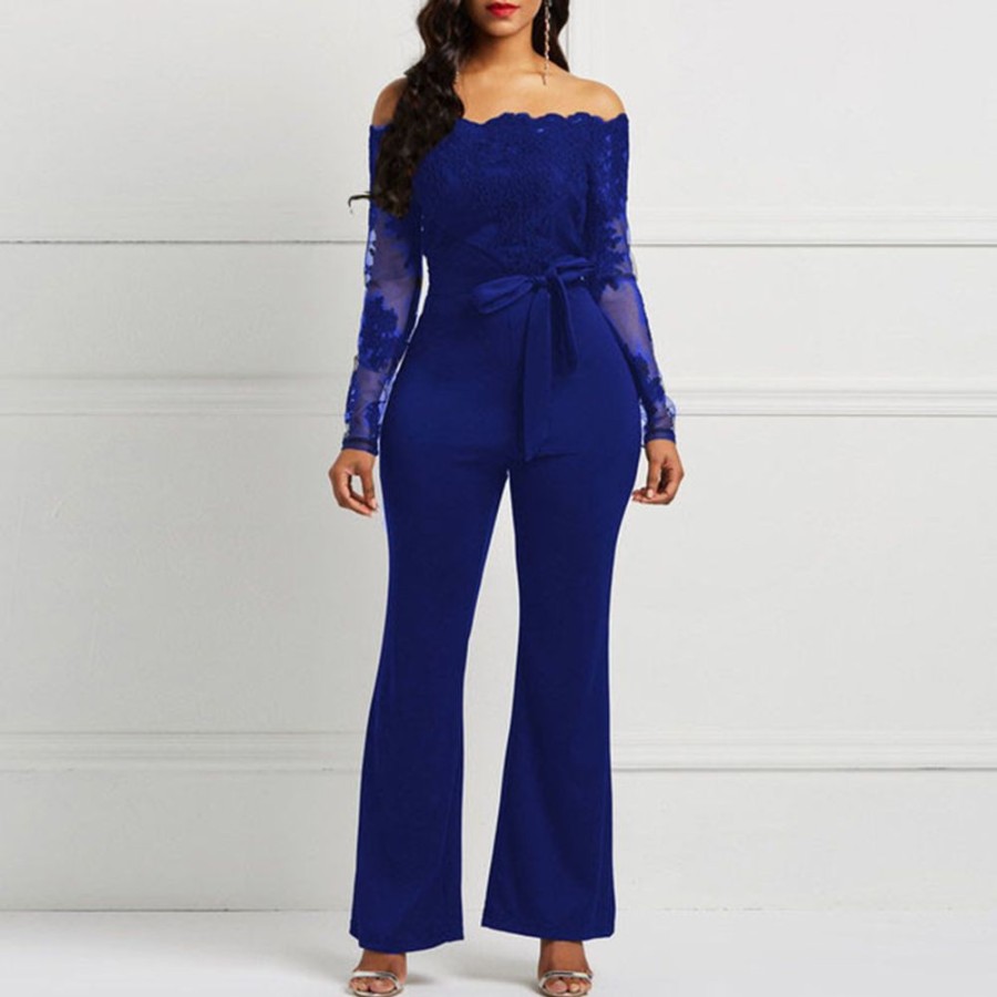 Women ericdress | Ericdress Patchwork Lace-Up Lace Slim Wide Legs Women'S Jumpsuit Blue