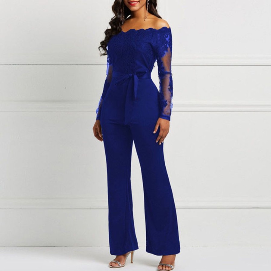 Women ericdress | Ericdress Patchwork Lace-Up Lace Slim Wide Legs Women'S Jumpsuit Blue