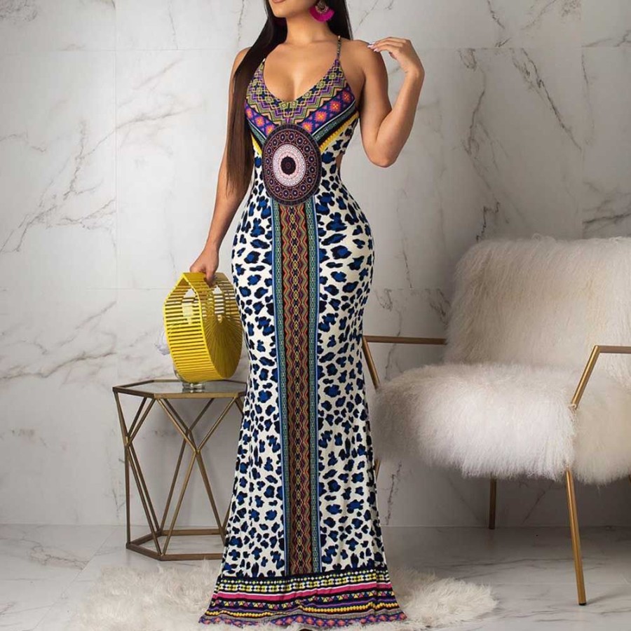 Women ericdress | Ericdress African Fashion Floor-Length Sleeveless Bodycon Geometric Dress