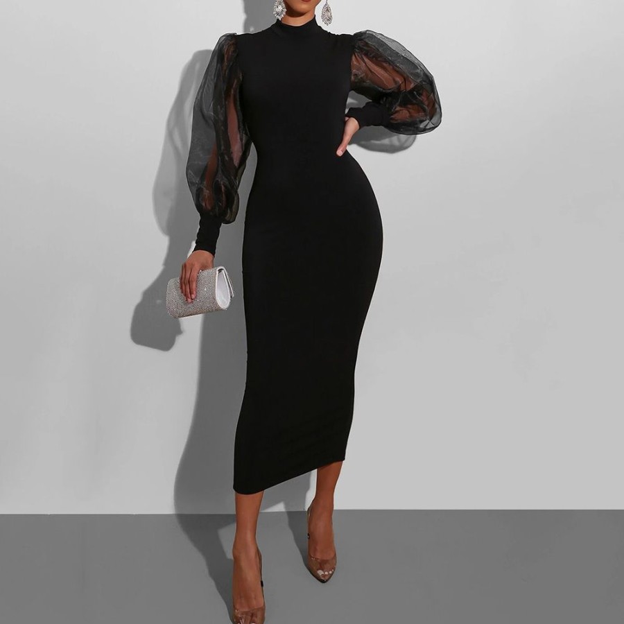 Women ericdress | Ericdress Mid-Calf Mesh Stand Collar Office Lady Puff Sleeve Bodycon Dress Black