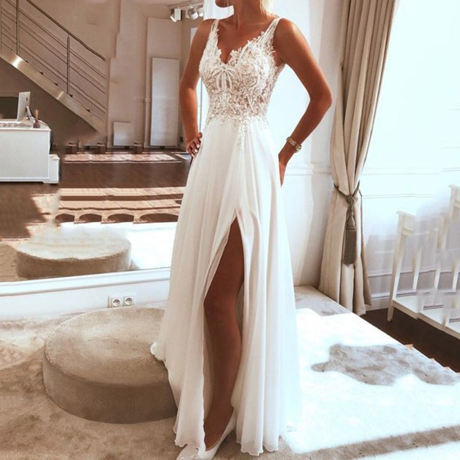 Women ericdress | Wedding Guest Dress V-Neck Sleeveless Floor-Length Appliques Split Women'S Dress White