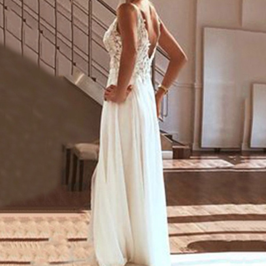 Women ericdress | Wedding Guest Dress V-Neck Sleeveless Floor-Length Appliques Split Women'S Dress White