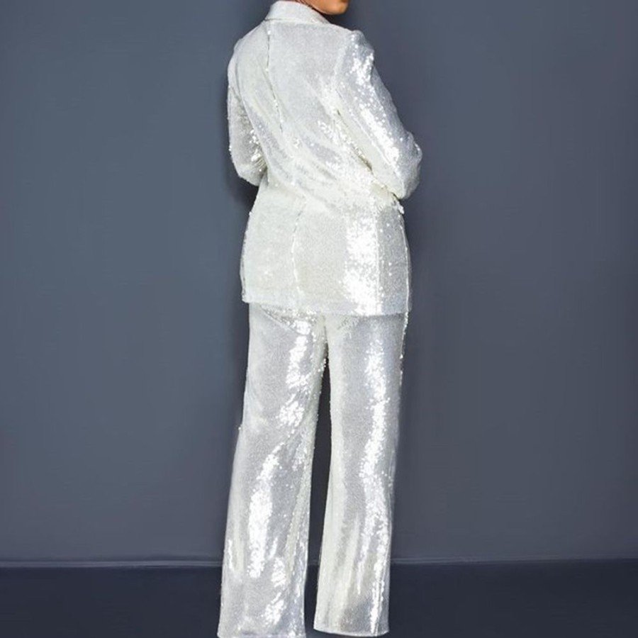 Women ericdress | Formal Sequins Blazer Pants One Button Full Length Women'S Suit Silver