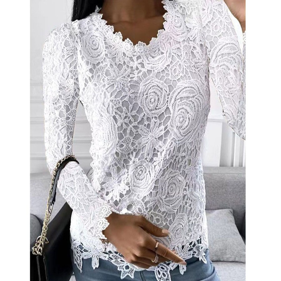 Women ericdress | Ericdress Floral Round Neck Lace Standard Long Sleeve Blouse