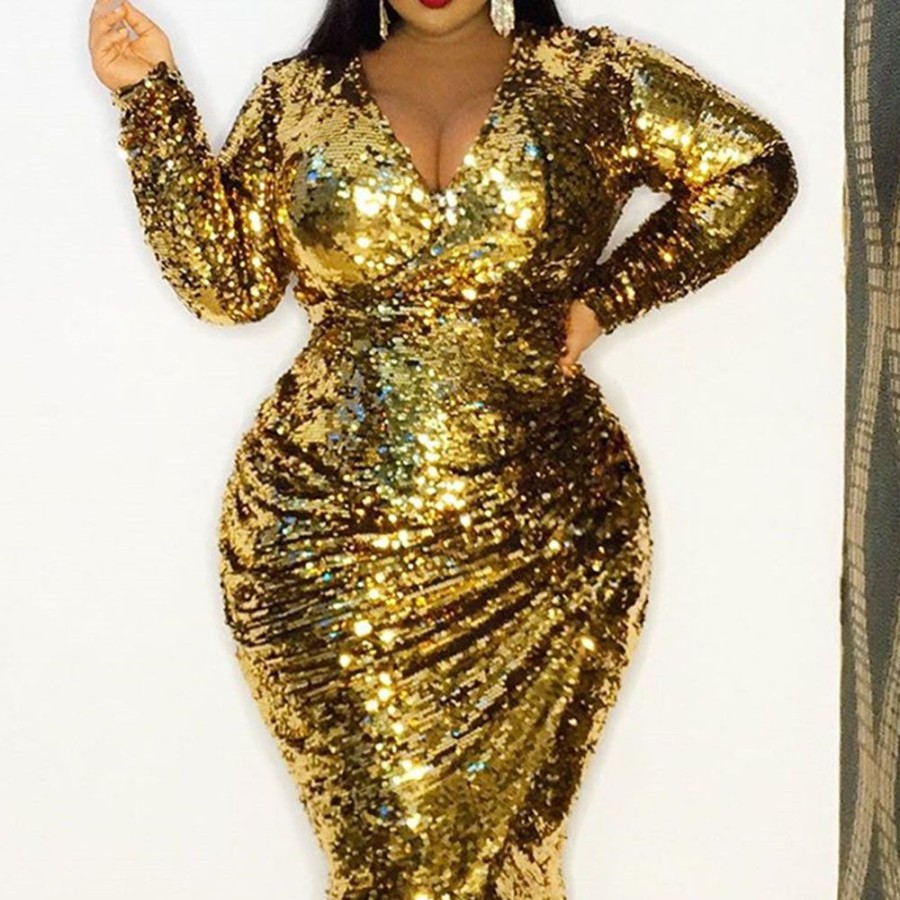 Women ericdress | Ericdress Plus Size V-Neck Long Sleeve Sequins Party/Cocktail Pullover Women'S Bodycon Dress Golden