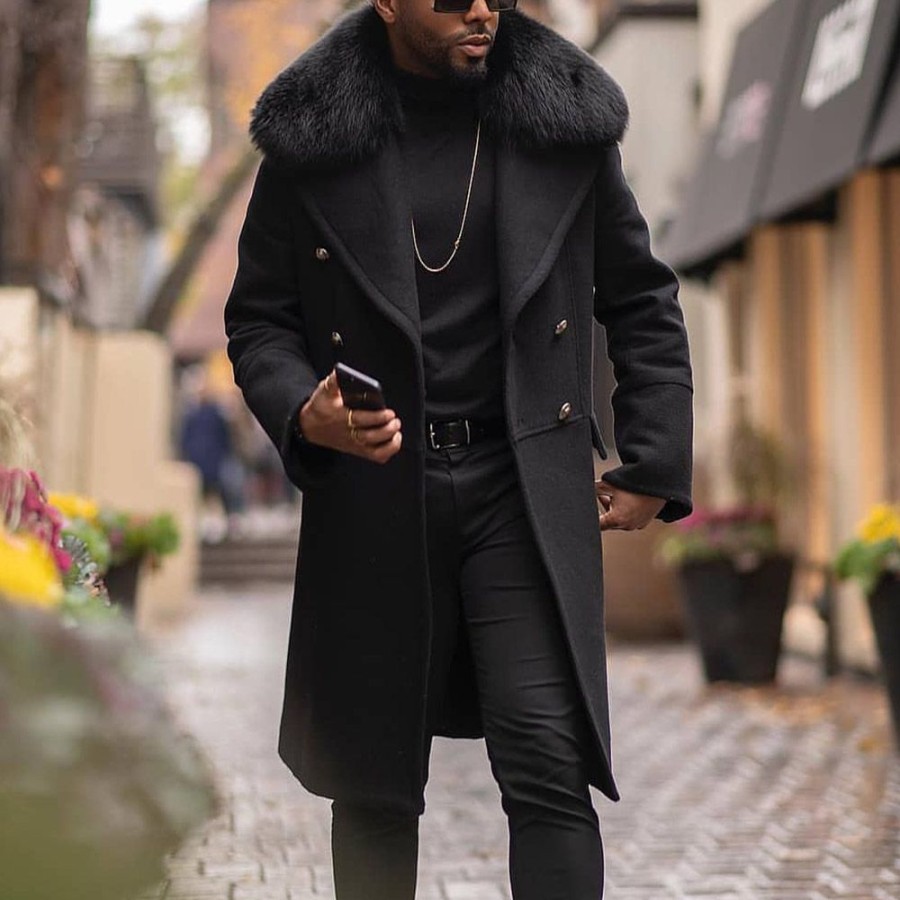 Men ericdress | Ericdress Long Plain Lapel Straight Double-Breasted Men'S Coat Black