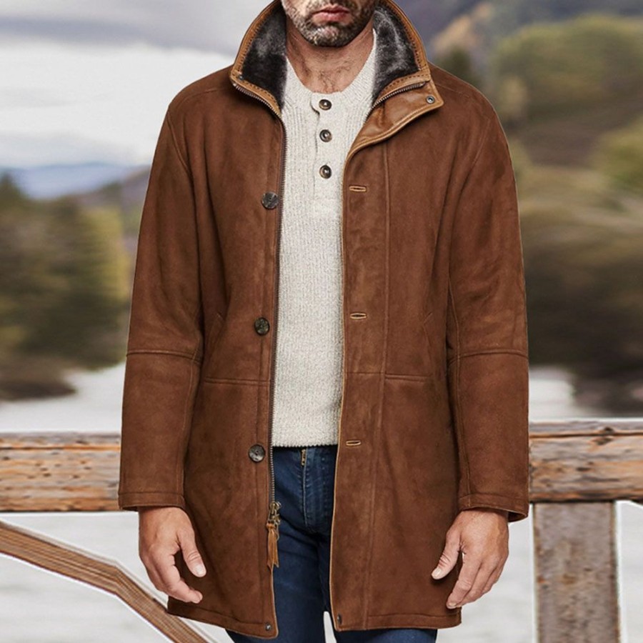 Men ericdress | Ericdress Lapel Button Mid-Length Men'S Zipper Coat Brown