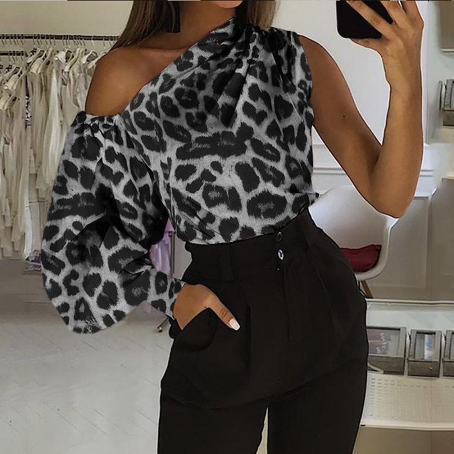 Women ericdress | Ericdress Oblique Collar Leopard Asymmetric Mid-Length Long Sleeve Women'S Blouse