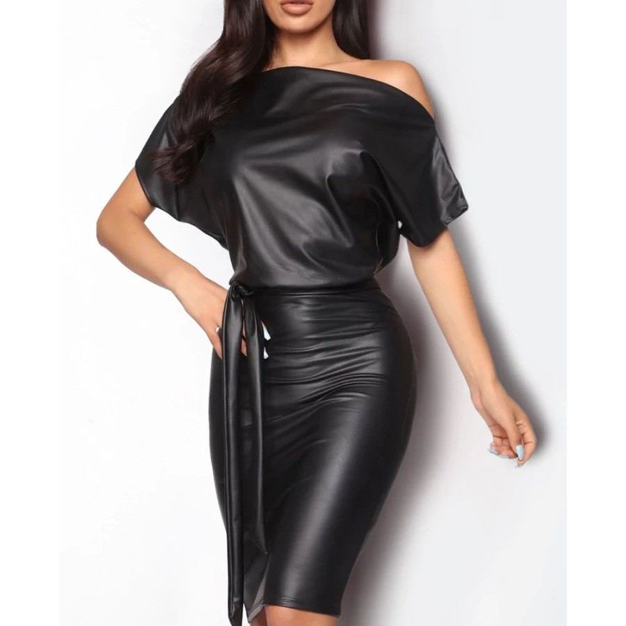 Women ericdress | Ericdress Little Bodycon Dress Lace-Up Short Sleeve Knee-Length One-Shoulder Mid Waist Women'S Bodycon Dress Black