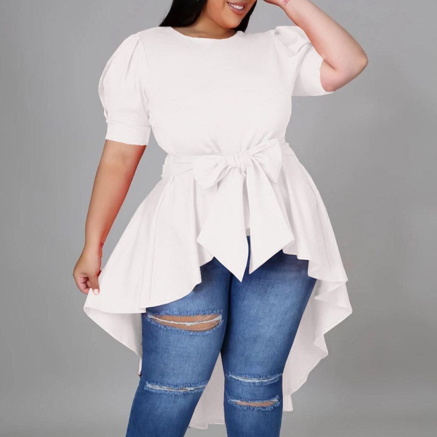 Women ericdress | Ericdress Lace-Up Plain Round Neck Long Short Sleeve Blouse