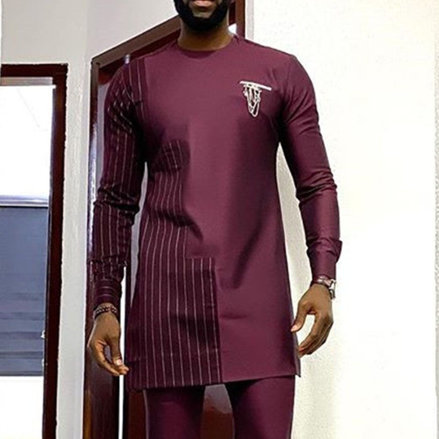 Men ericdress | Ericdress Round Neck Stripe Slim Fall Shirt Burgundy