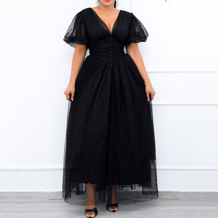 Women ericdress | Ericdress V-Neck Floor-Length Mesh Plain A-Line Maxi Dress Plus Size Black