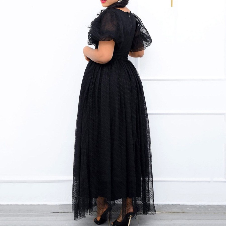 Women ericdress | Ericdress V-Neck Floor-Length Mesh Plain A-Line Maxi Dress Plus Size Black