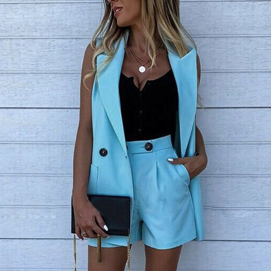 Women ericdress | Ericdress Plain Vest Patchwork Wide Legs Notched Lapel Two Piece Sets Women'S Suits