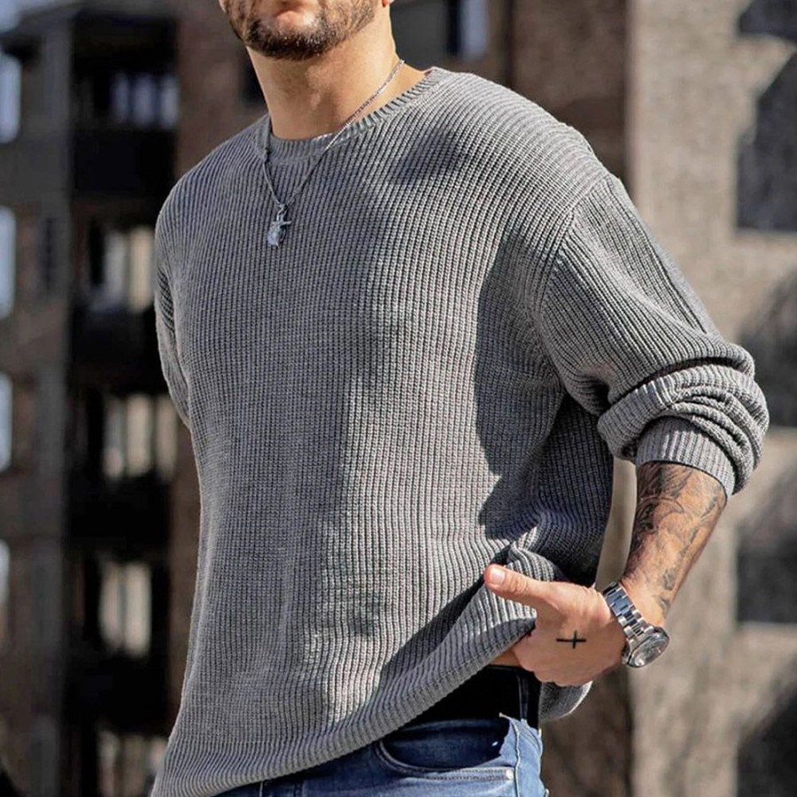 Men ericdress | Ericdress Plain Round Neck Standard Fall Casual Sweater Gray