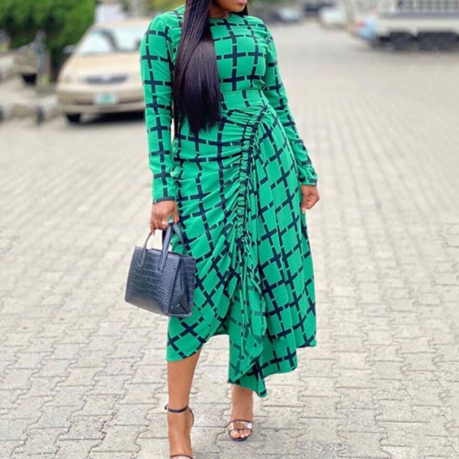 Women ericdress | Ericdress Ankle-Length Long Sleeve Round Neck Regular Plaid Casual Dress Green