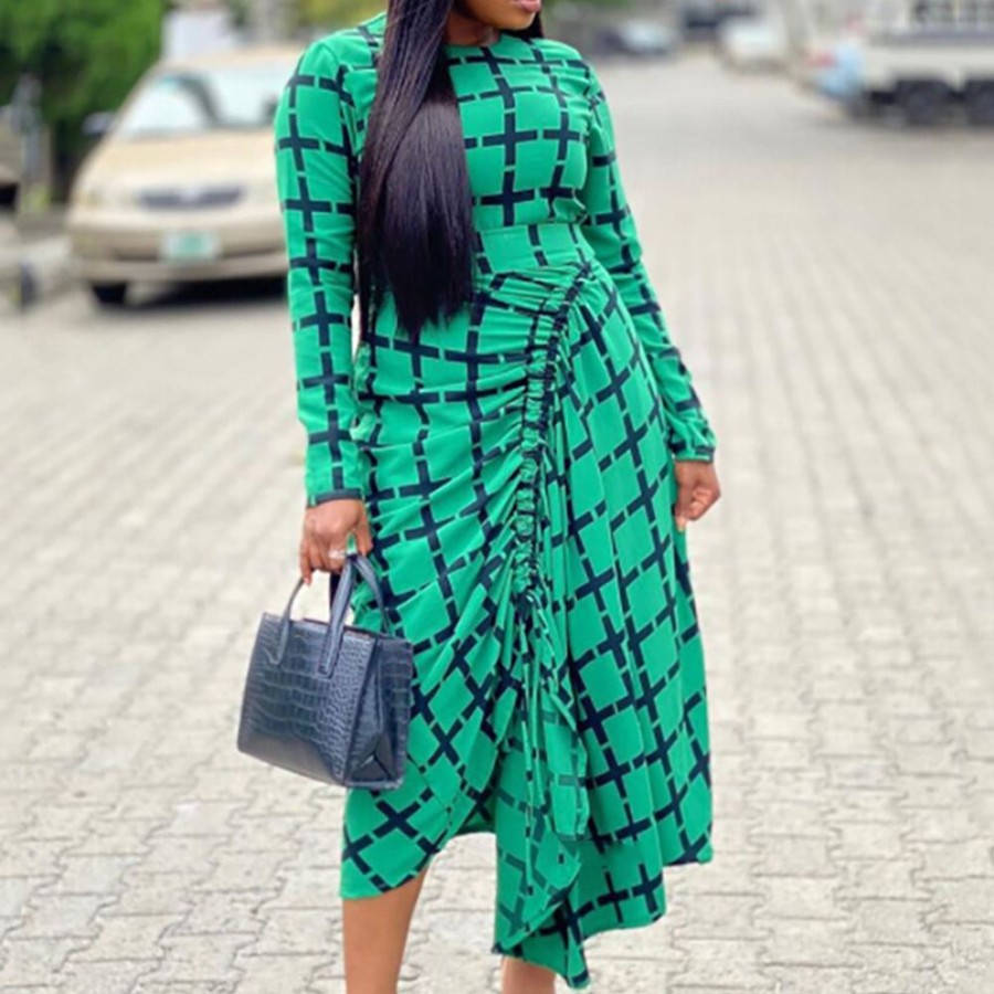 Women ericdress | Ericdress Ankle-Length Long Sleeve Round Neck Regular Plaid Casual Dress Green