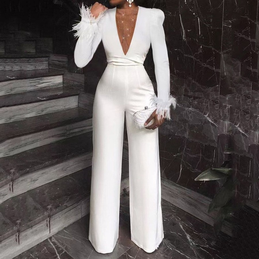 Women ericdress | Ericdress Feather Office Lady Full Length Slim Straight Jumpsuit White