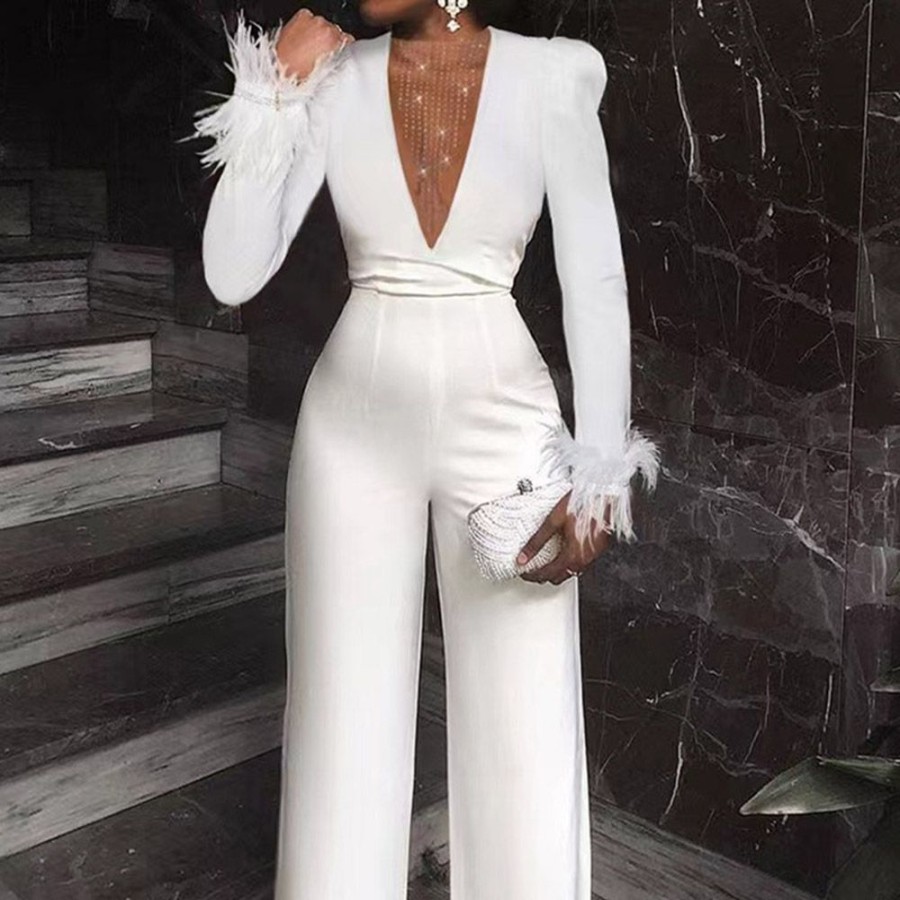 Women ericdress | Ericdress Feather Office Lady Full Length Slim Straight Jumpsuit White