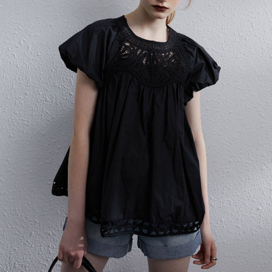 Women ericdress | Patchwork Round Neck Plain Short Sleeve Women'S Blouse Black