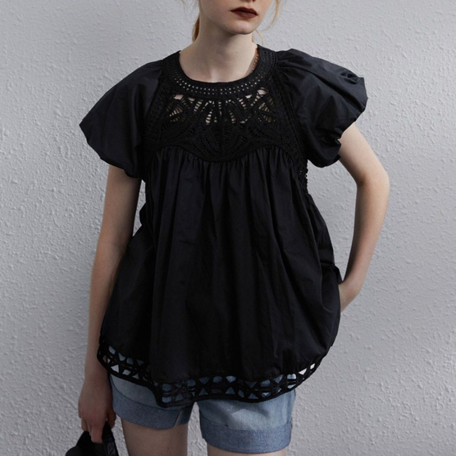 Women ericdress | Patchwork Round Neck Plain Short Sleeve Women'S Blouse Black