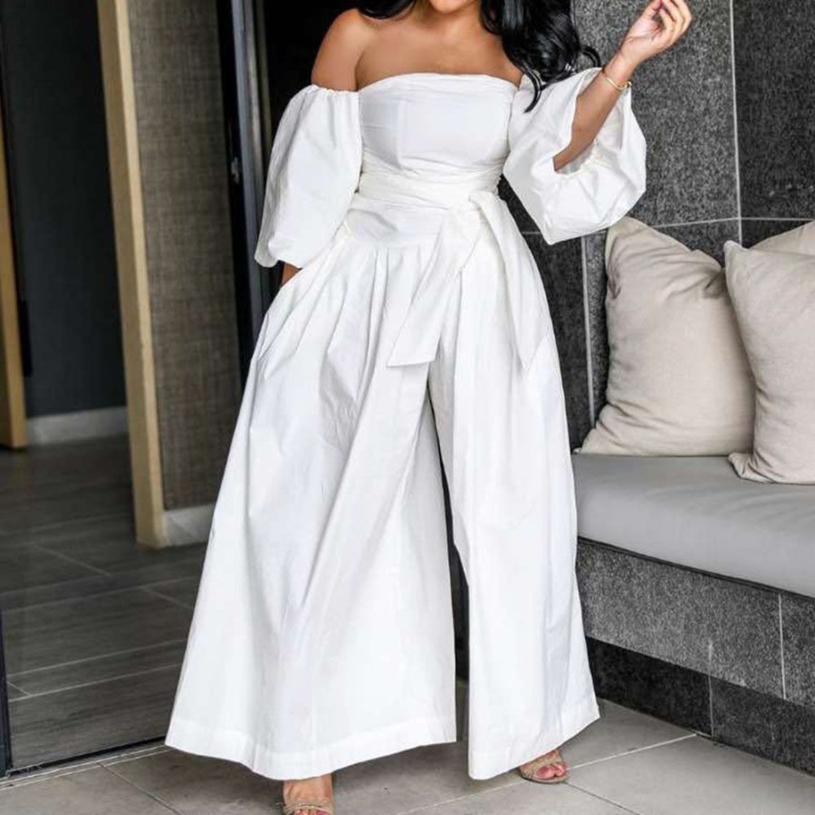 Women ericdress | Ericdress Loose High Waist Off Shoulder Jumpsuit White