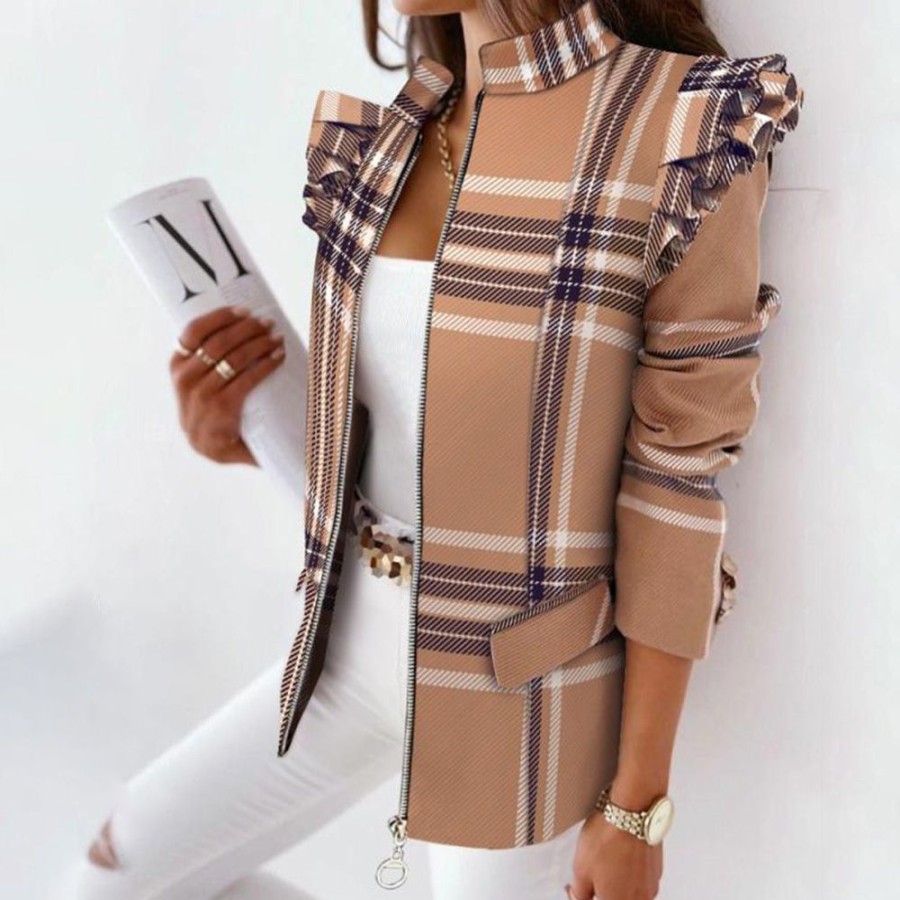 Women ericdress | Ericdress Color Block Long Sleeve Zipper Standard Regular Casual Blazer