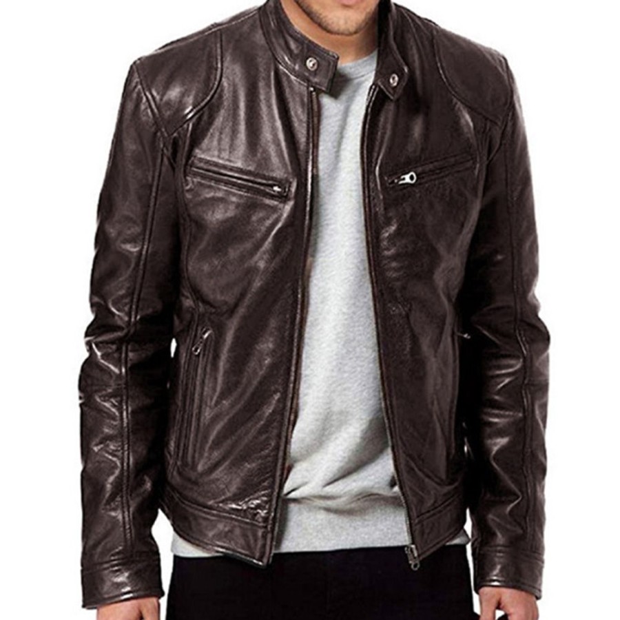 Men ericdress | Standard Pu Stand Collar Plain Men'S Leather Jacket