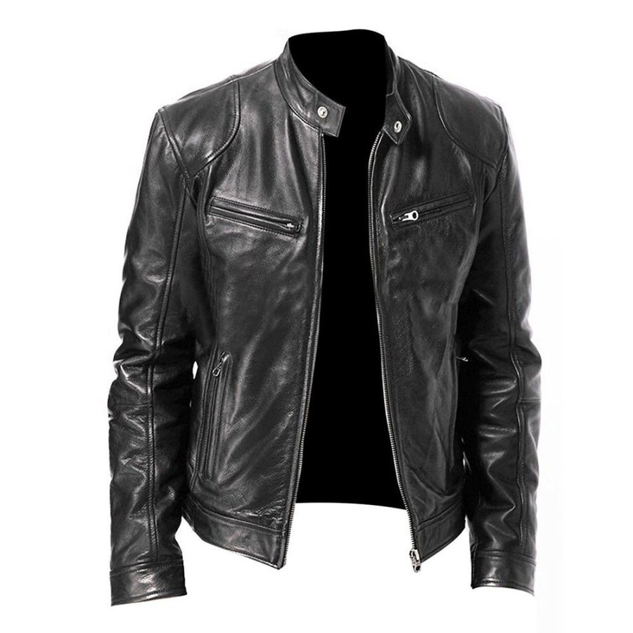 Men ericdress | Standard Pu Stand Collar Plain Men'S Leather Jacket