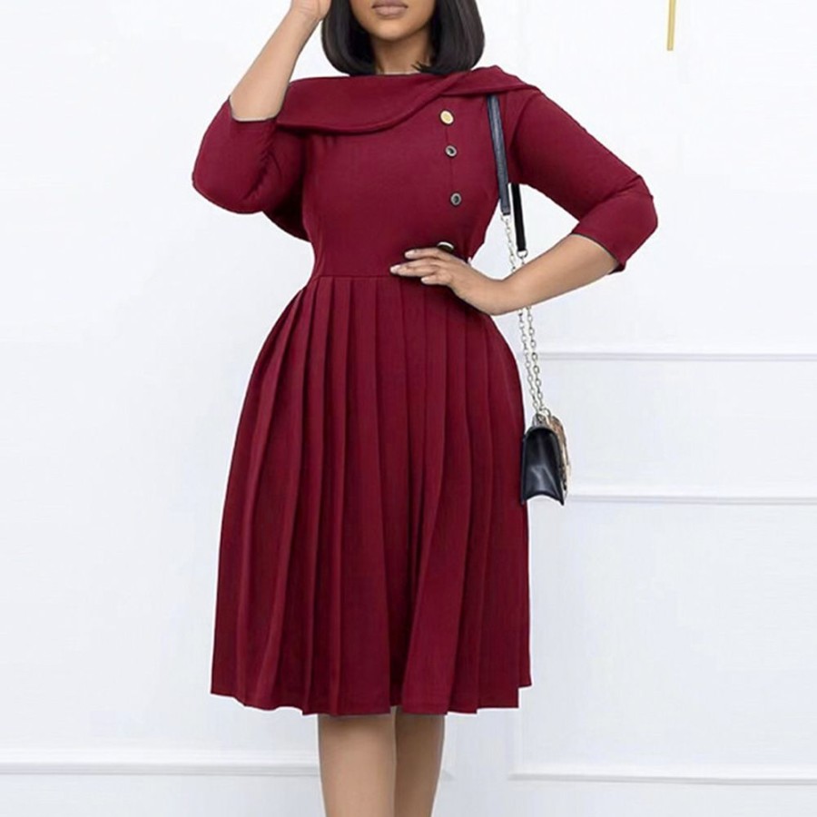 Women ericdress | Ericdress Mid-Calf Pleated Three-Quarter Sleeve Pleated Plain A-Line Dress