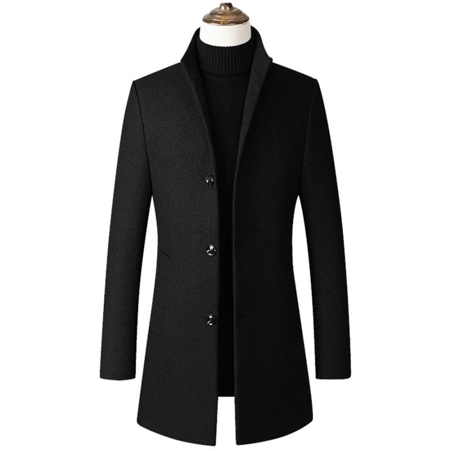 Men ericdress | Ericdress Plain Stand Collar Mid-Length Mens Slim Wool Coat