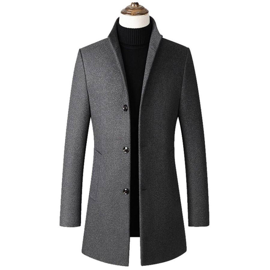 Men ericdress | Ericdress Plain Stand Collar Mid-Length Mens Slim Wool Coat