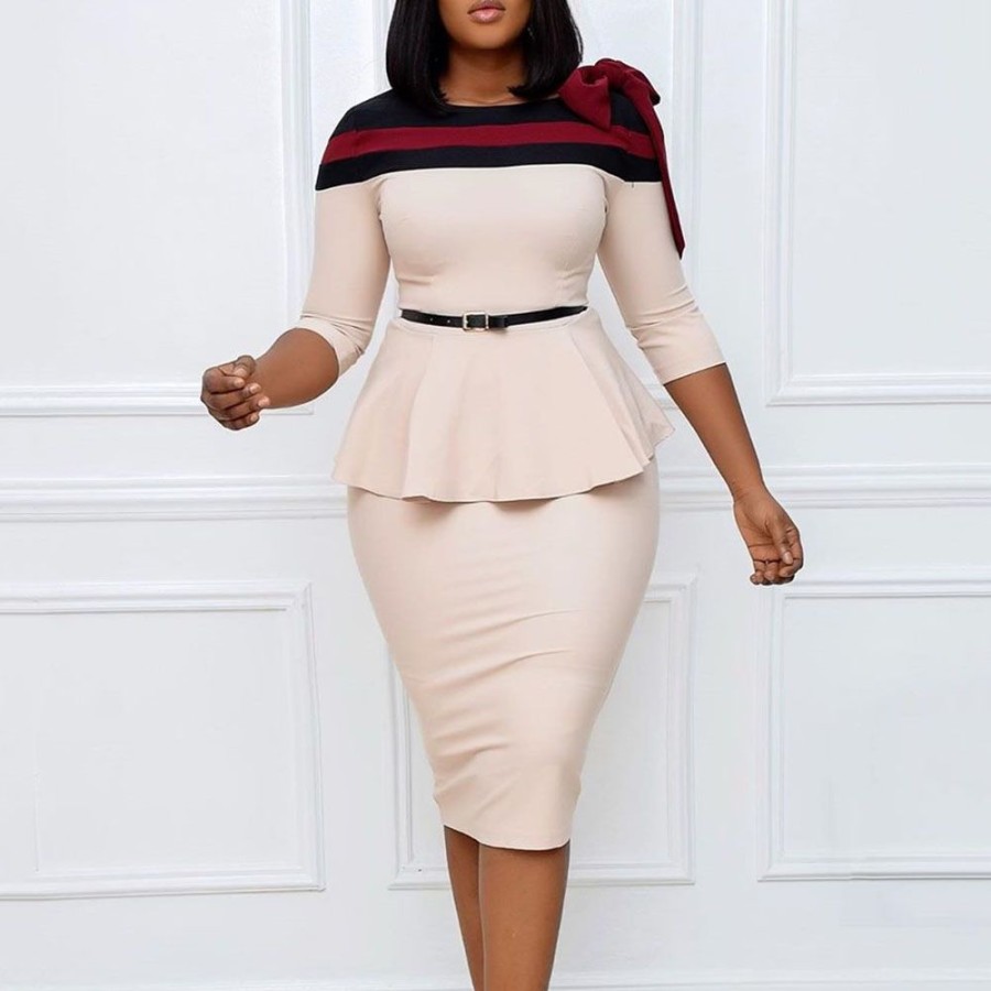 Women ericdress | Ericdress Bowknot Round Neck Three-Quarter Sleeve Bodycon High Waist Dress