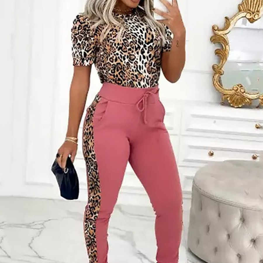 Women ericdress | Ericdress Leopard Pants Fashion Round Neck Pullover Two Piece Sets Pink