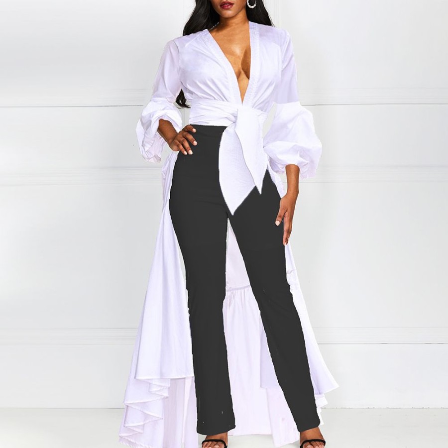 Women ericdress | Asymmetric V-Neck Plain Swallowtail Puff Sleeve Long Women'S Blouse White