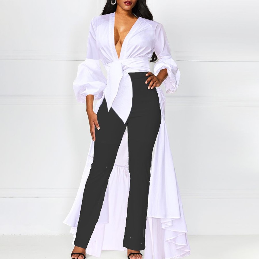 Women ericdress | Asymmetric V-Neck Plain Swallowtail Puff Sleeve Long Women'S Blouse White