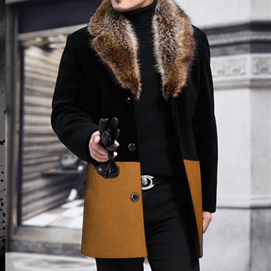 Men ericdress | Mid-Length Patchwork Lapel Color Block Slim Men'S Coat Black