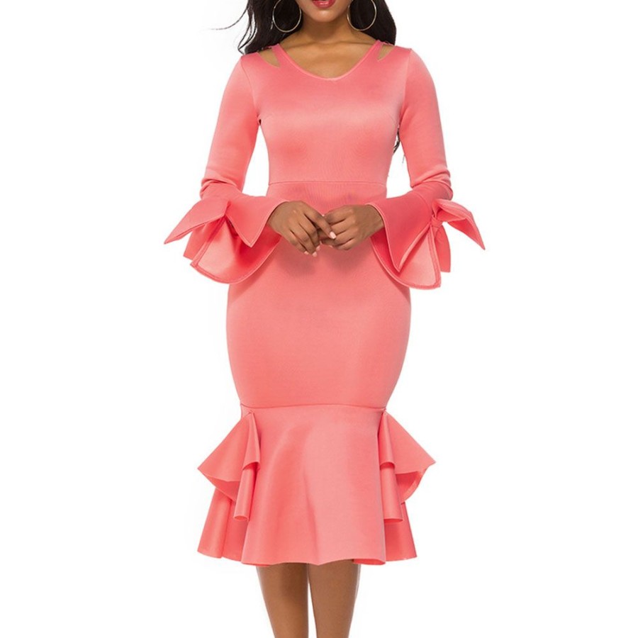 Women ericdress | Ericdress Mid-Calf Long Sleeve V-Neck Fall Pullover Women'S Bodycon Dress Pink