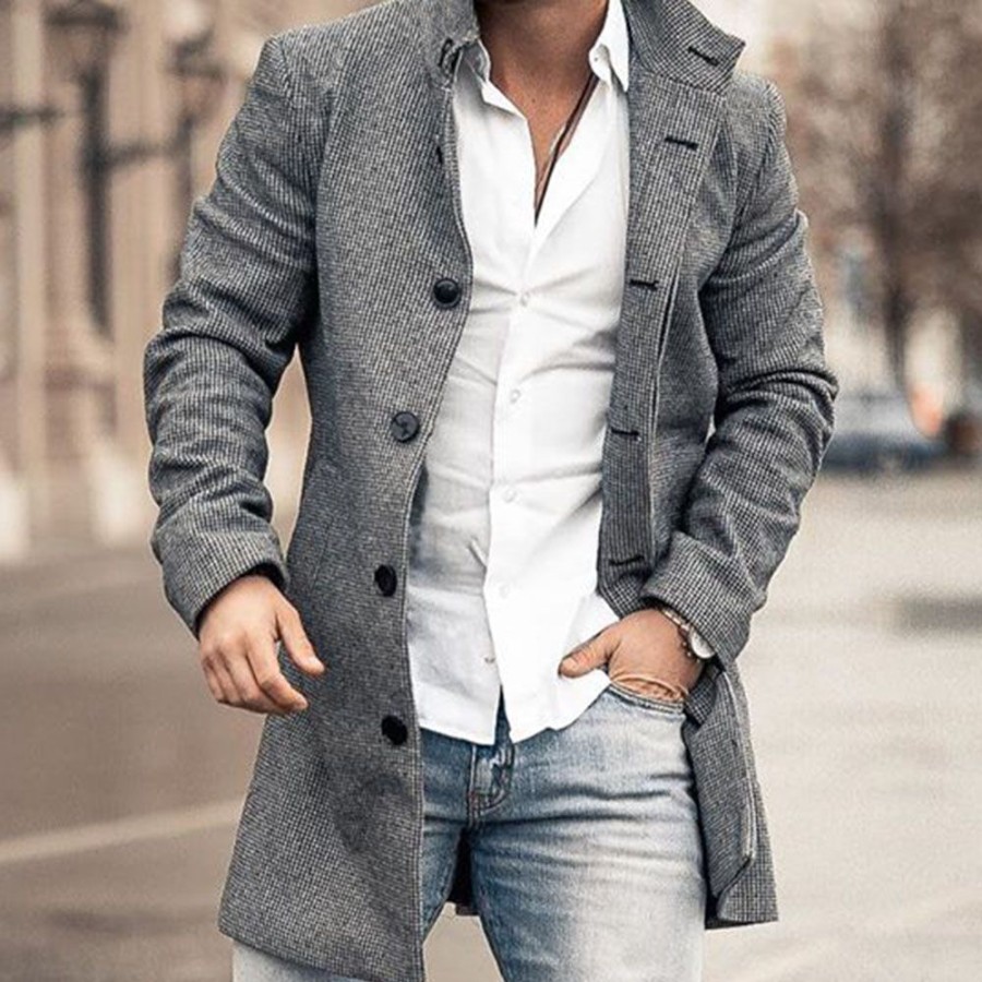 Men ericdress | Plain Lapel Button Mid-Length Ol Men'S Coat Gray