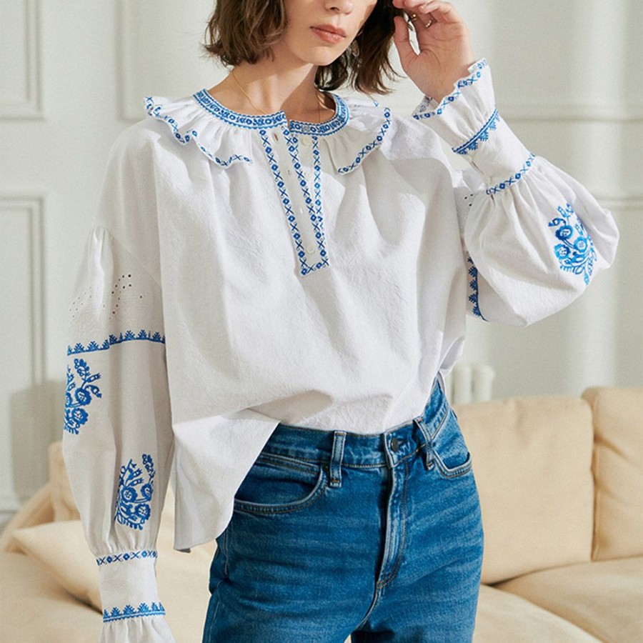 Women ericdress | Color Block Embroidery Long Sleeve Women'S Blouse White