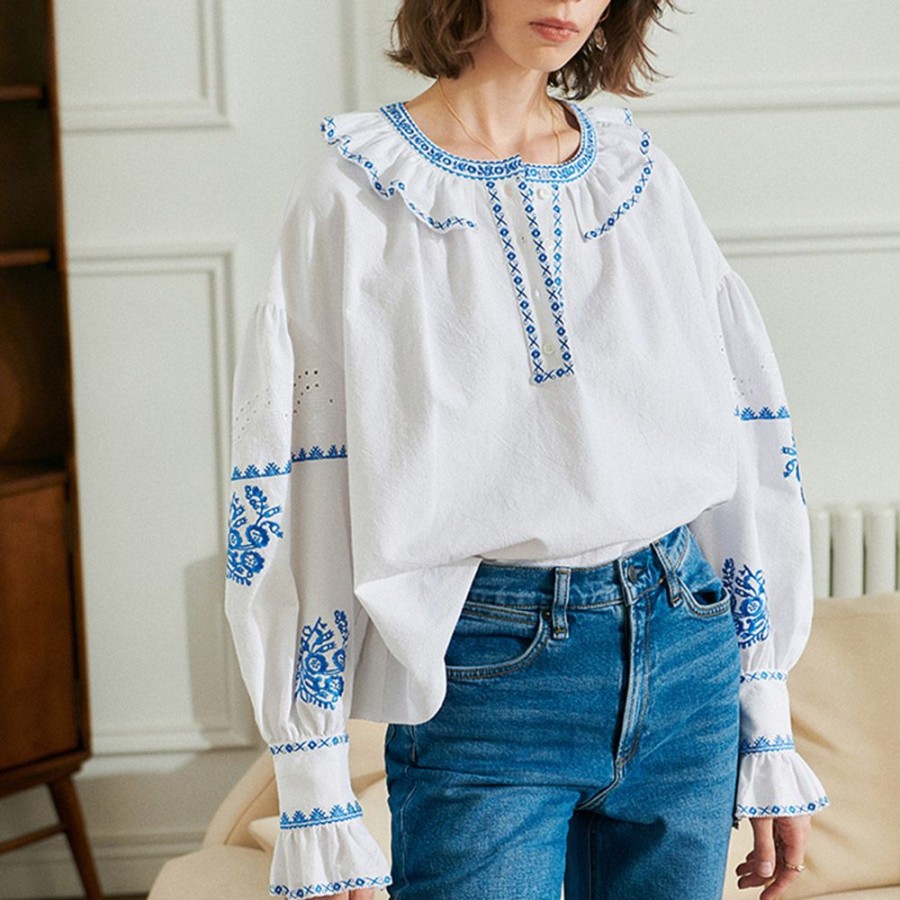 Women ericdress | Color Block Embroidery Long Sleeve Women'S Blouse White