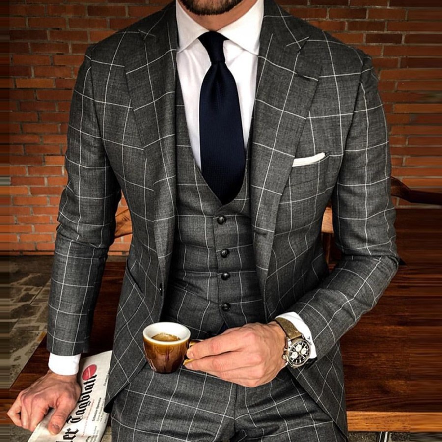 Men ericdress | Notched Lapel Plaid Print Slim Men'S Leisure Blazer Dark Gray