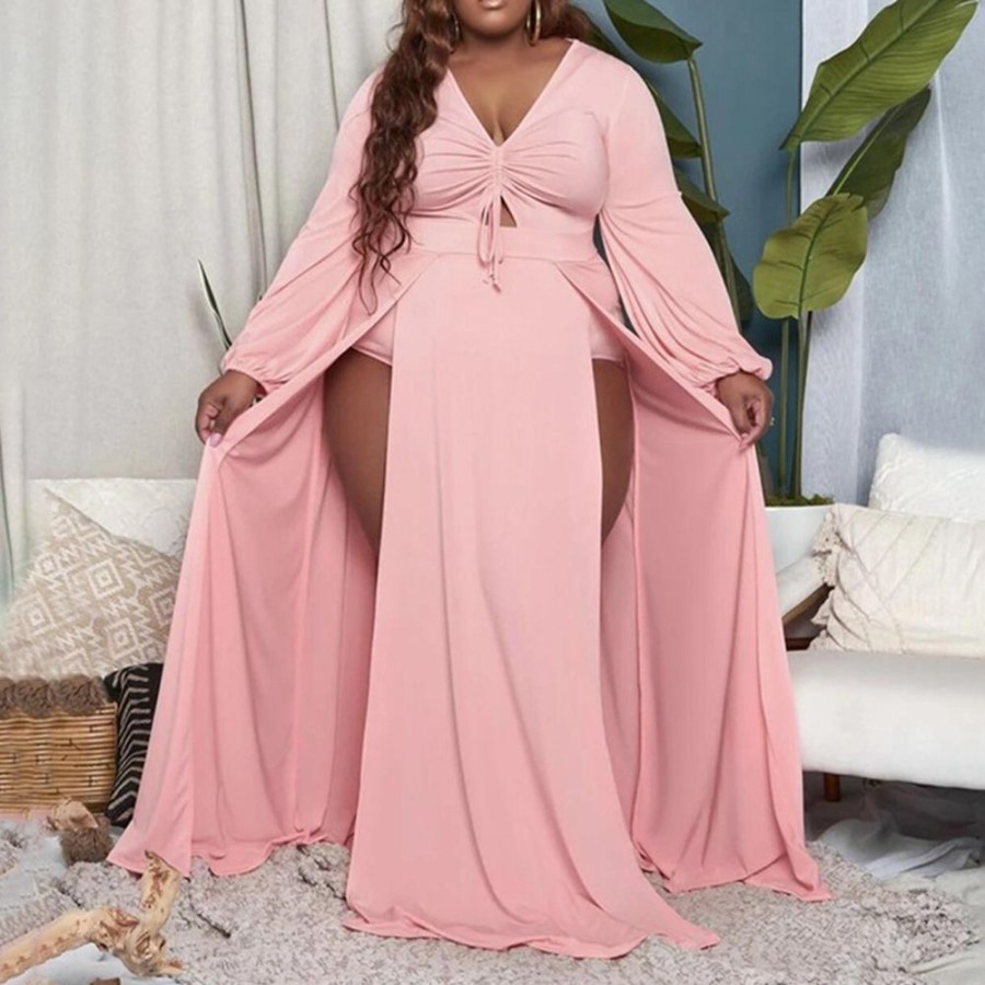 Women ericdress | Ericdress Split Long Sleeve V-Neck Pullover Sexy Maxi Dress Plus Size