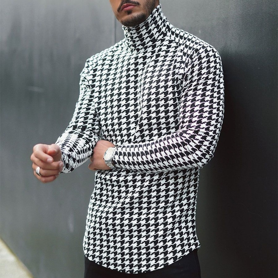 Men ericdress | Ericdress Houndstooth Casual Turtleneck Slim Long Sleeve T-Shirt