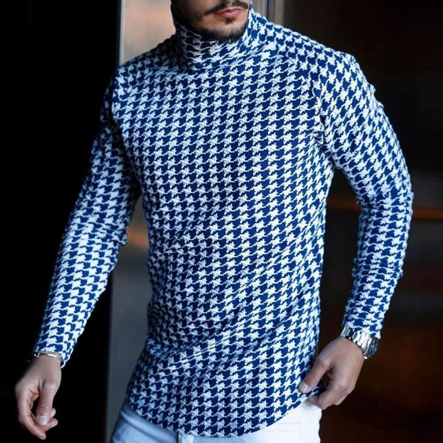 Men ericdress | Ericdress Houndstooth Casual Turtleneck Slim Long Sleeve T-Shirt