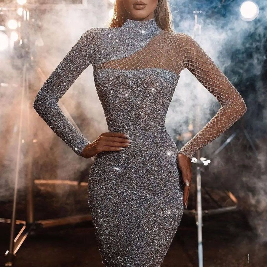 Women ericdress | Stand Collar Floor-Length Sequins Long Sleeve Fall Women'S Dress Silver